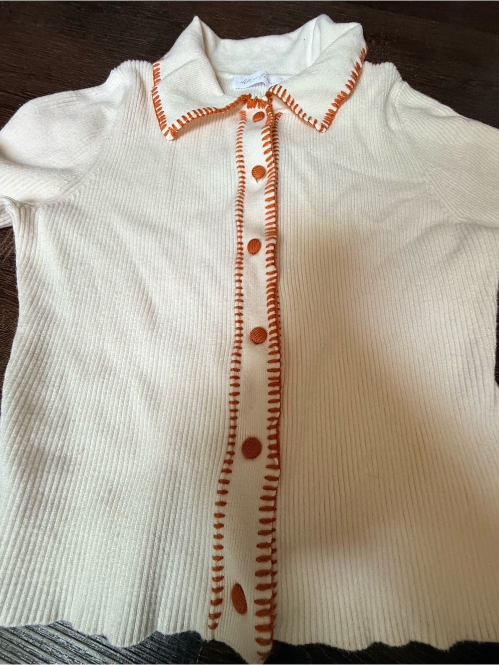 Cream Knit Cardigan with Orange Trim - Sz S - Picture 2 of 10